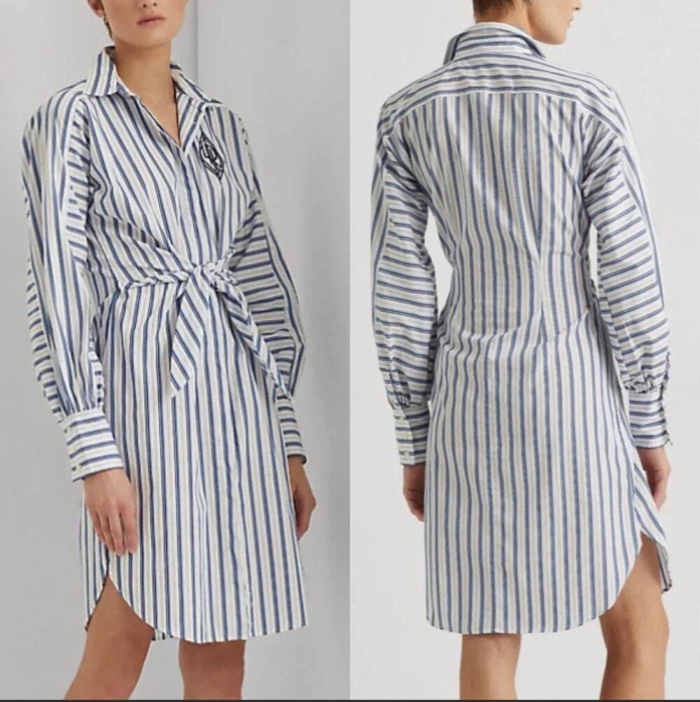 Ralph Lauren White Blue Striped Long Sleeve Belted Knee Length Shirt Dress Sz 2